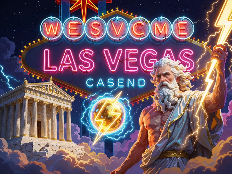 Brodaty b&oacute;g z gromem w dłoni obok greckiej świątyni - ilustracja slotu Gods of Olympus w Wyns Casino