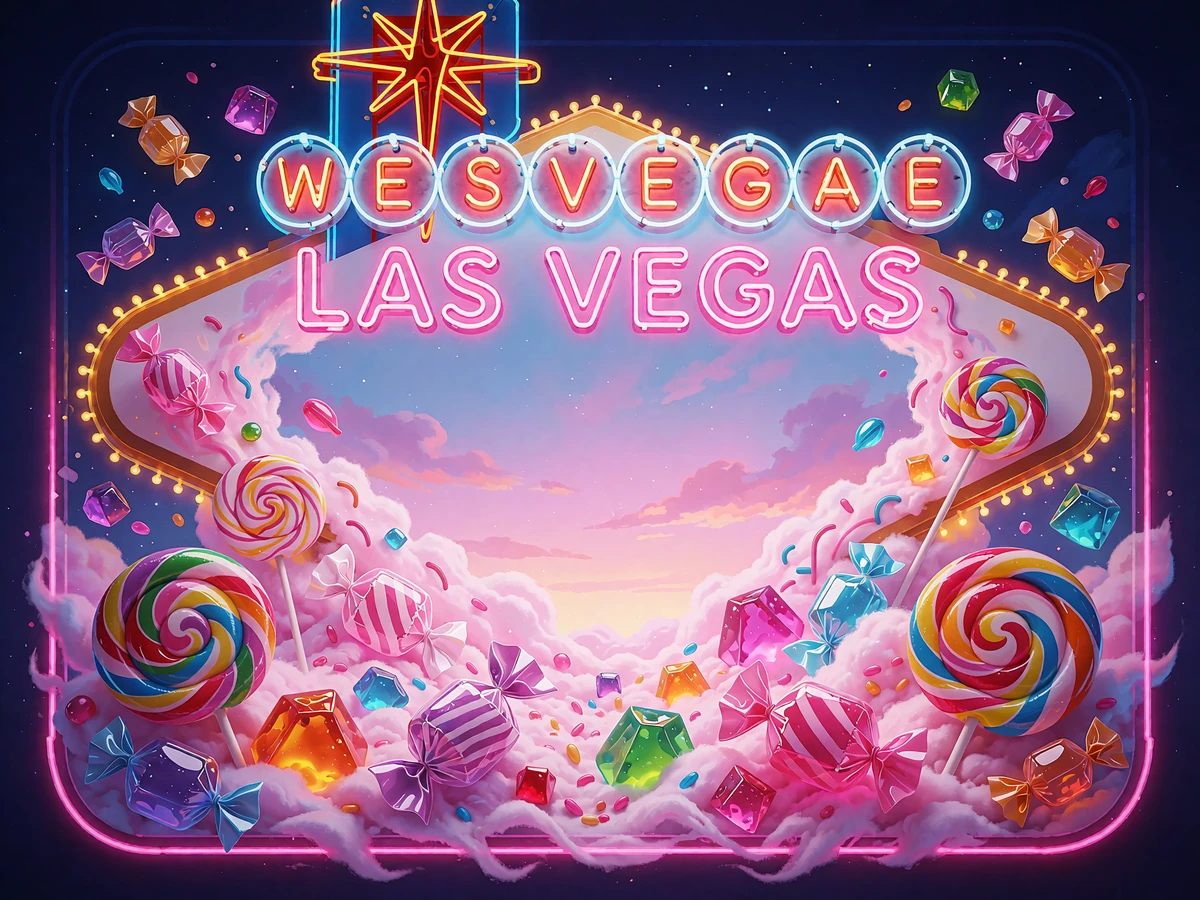 Cukierkowa kraina z lizakami i żelkami - ilustracja slotu Sugar Rush 1000 w lobby Wyns Casino
