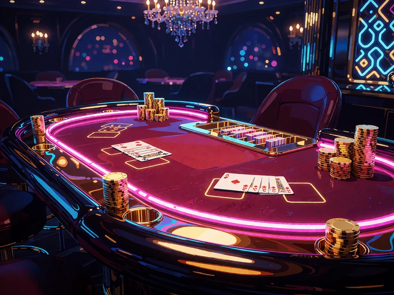 Owalny st&oacute;ł do baccarata z bordowym suknem i złotymi żetonami - baccarat na żywo w lobby Wyns
