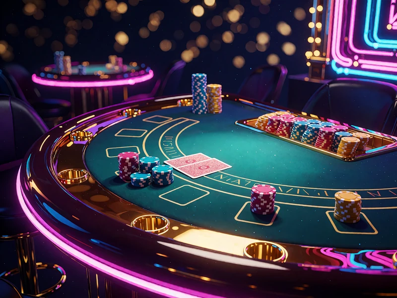 St&oacute;ł do blackjacka z turkusowym suknem, stosami żeton&oacute;w i kartami - blackjack live w Wyns Casino