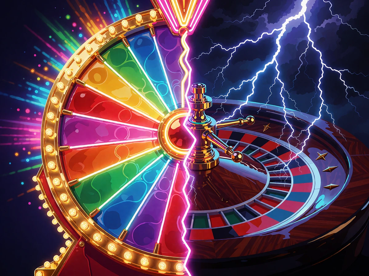 Tęczowe koło teleturnieju i ruletka rażona błyskawicami - Crazy Time i Lightning Roulette na żywo