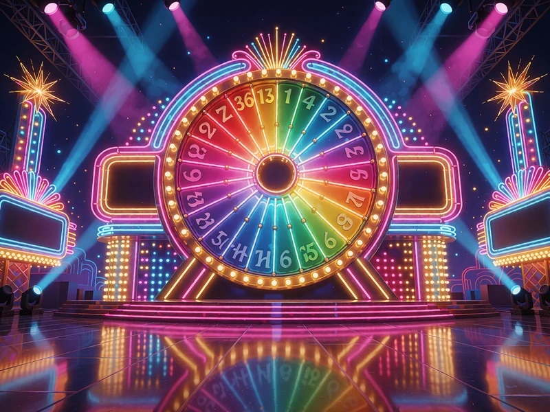 Scena teleturnieju z wielkim kołem fortuny w światłach reflektor&oacute;w - gra Crazy Time w Wyns Casino